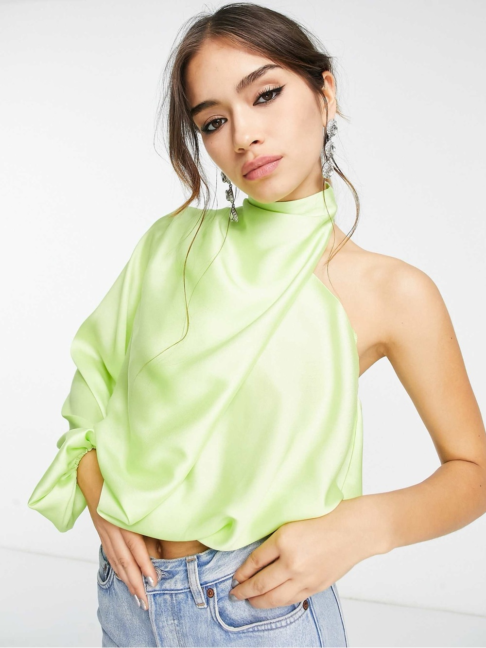 ASOS One-Shoulder Satin Halter Top in Lime